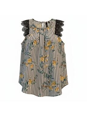 Tende Womens Top Large Sleeveless Floral Black White Striped Lace Accent Blouse